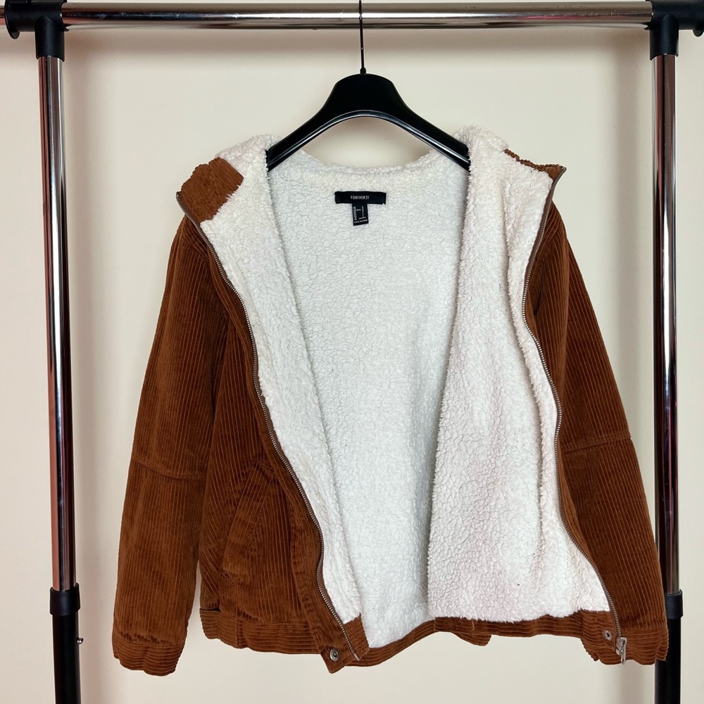 Forever 21 Hooded Brown/Dark Burnt Orange Corduroy Fleece Jacket | Size W Large